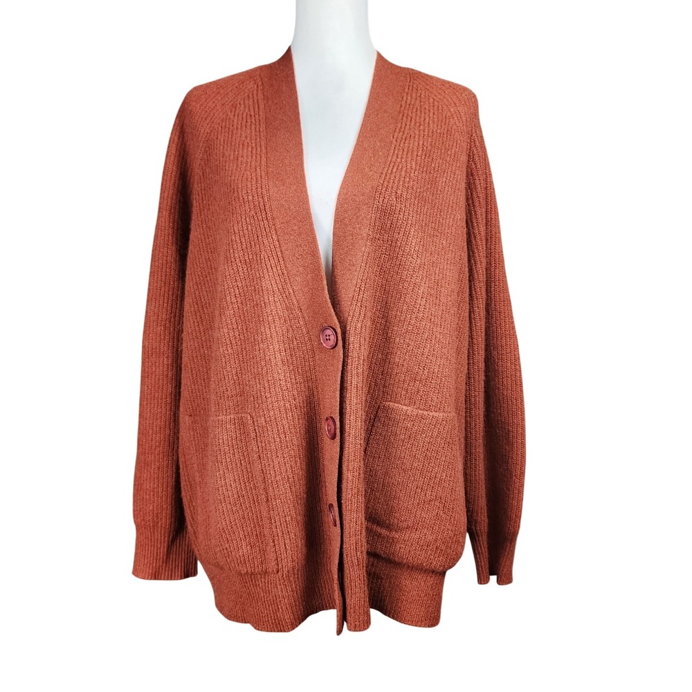 Skull 360 Cashmere Cardigan Sweater Womens Large Rust Orange Ribbed Casual NEW